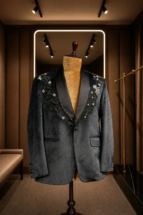 Black Embellished Jacquard Tuxedo Blazer
