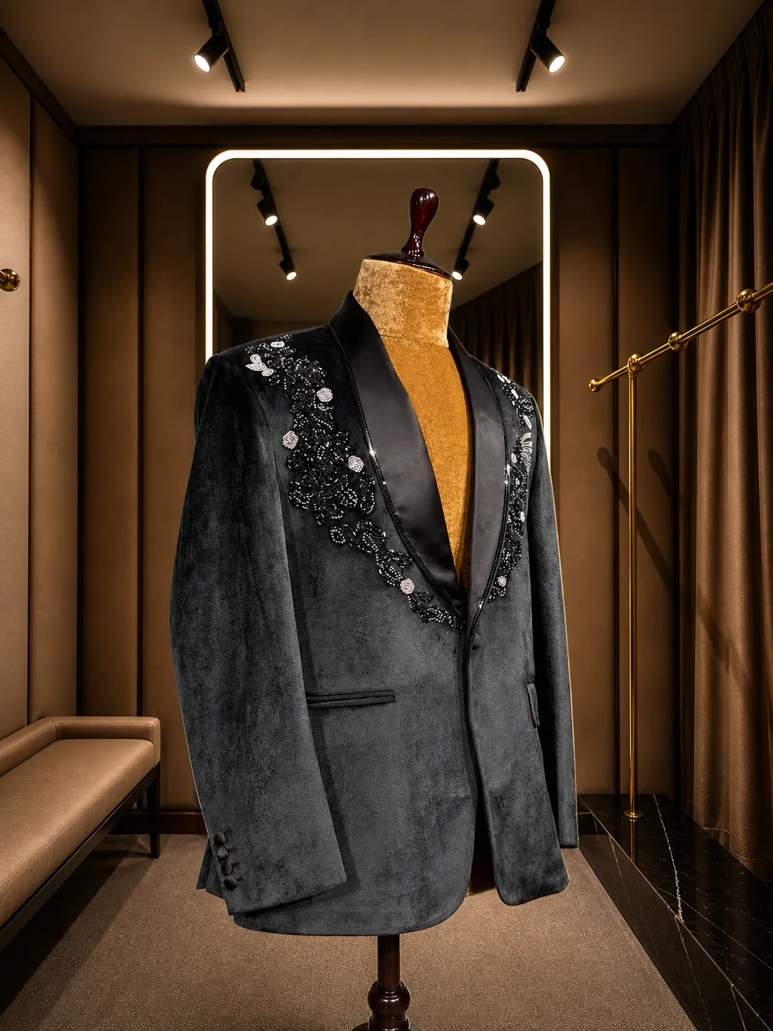 Black Embellished Jacquard Tuxedo Blazer - Image 2