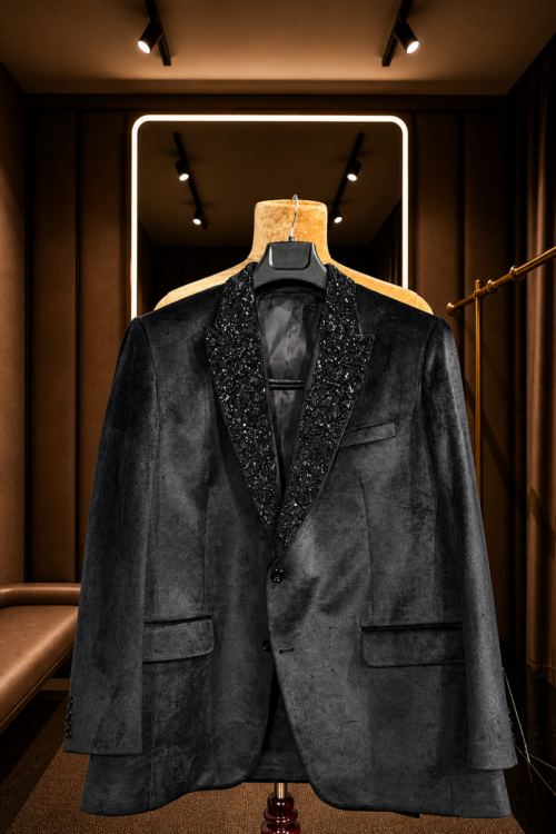 Black Embroidered Designer Tuxedo Blazer