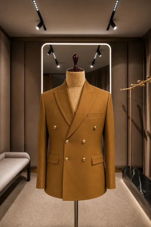 Camel Double-Breasted Formal Blazer